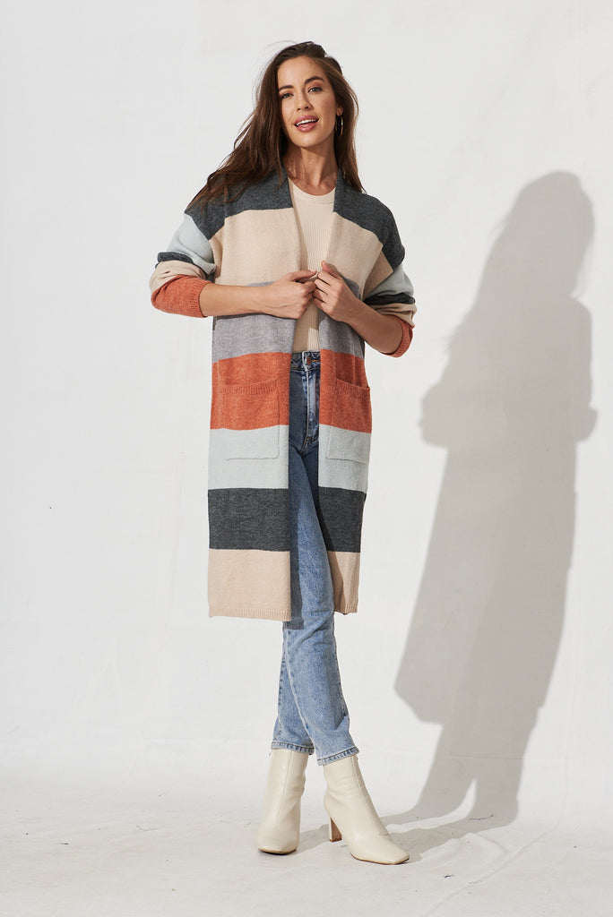 Anerley Knit Cardigan In Multi Grey Colour Block Wool Blend - full length