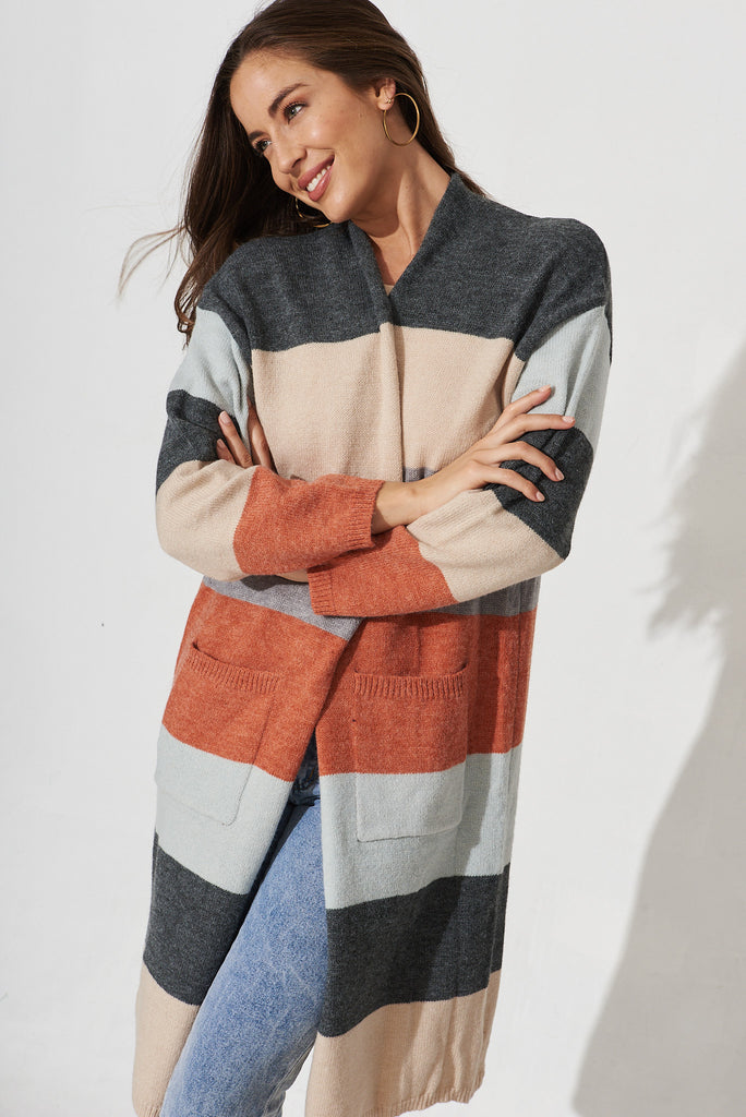 Anerley Knit Cardigan In Multi Grey Colour Block Wool Blend - front