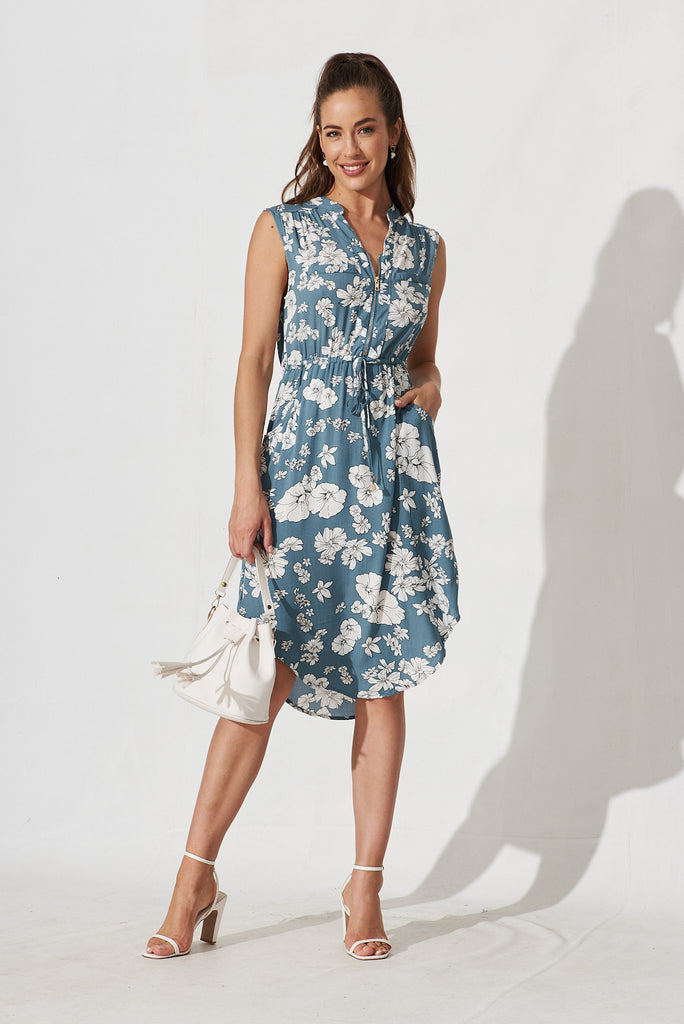 Shire Zip Dress In Blue With White Floral - full length