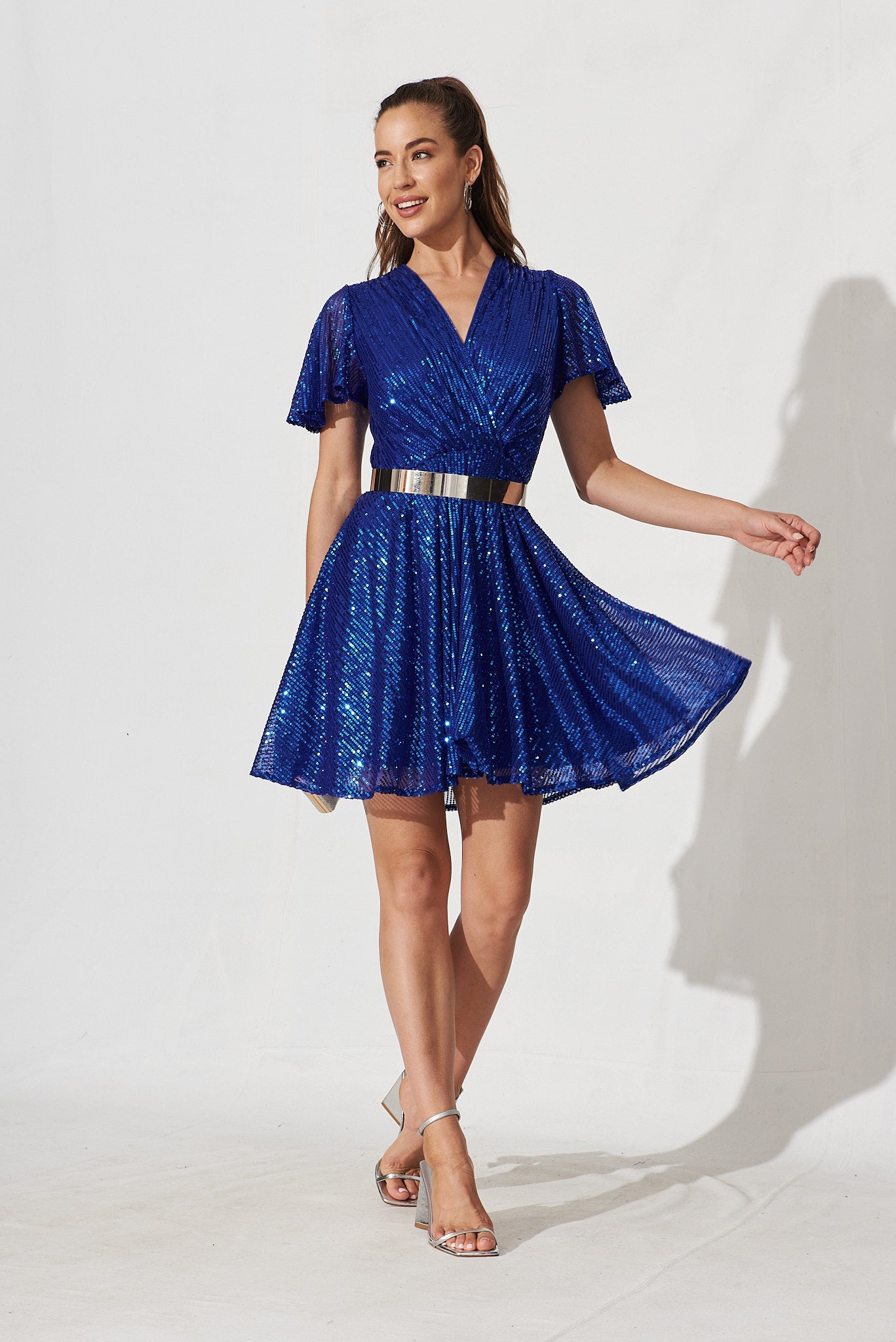 Amoretto Sequin Dress In Blue - full length