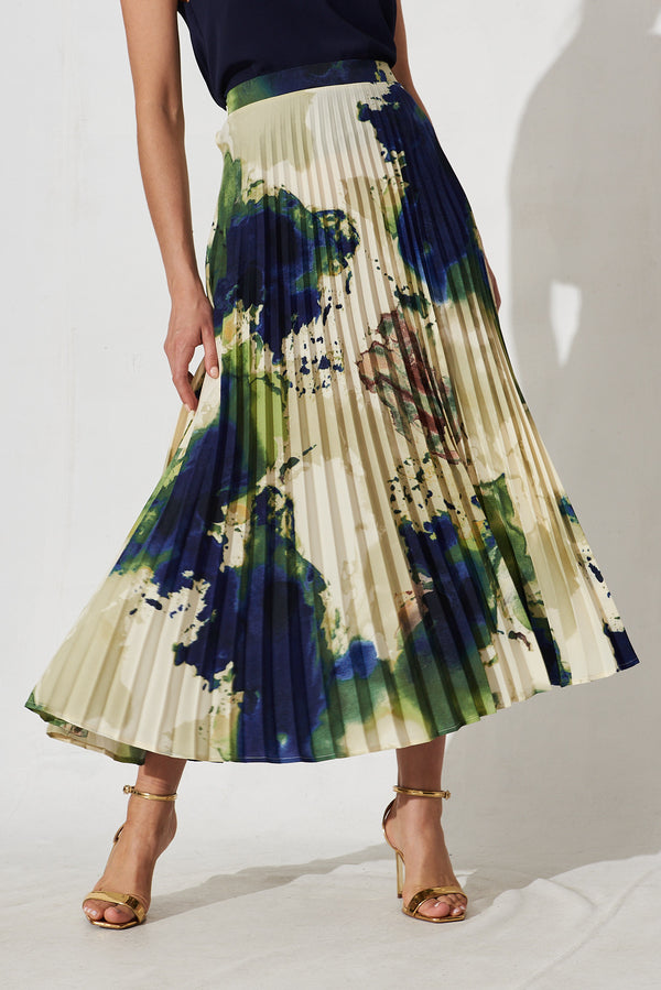 Allie Midi Pleat Skirt In Green With Navy Print – St Frock