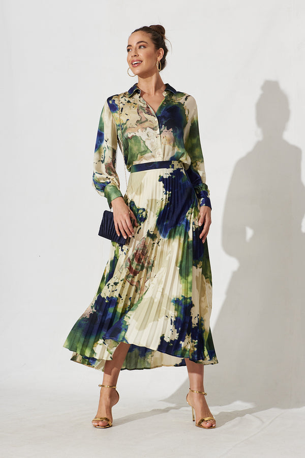 Allie Midi Pleat Skirt In Green With Navy Print – St Frock