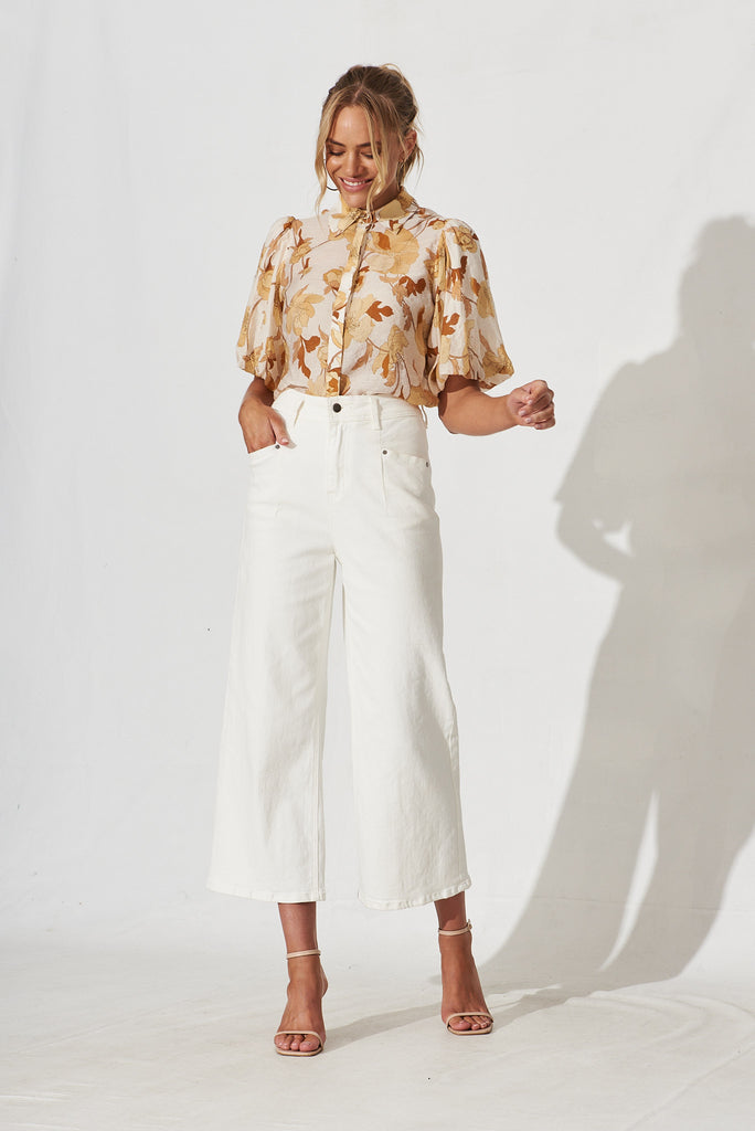 Aeryn Shirt In White With Rust Floral - full length