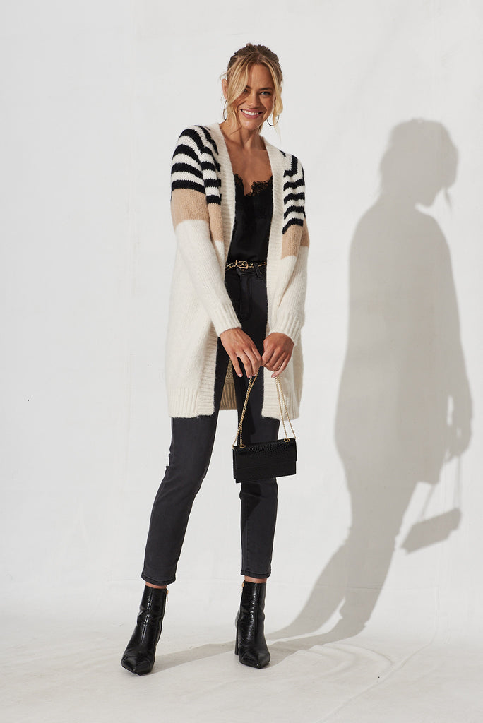 Belsize Knit Cardigan In Beige Stripe Wool Blend - full length