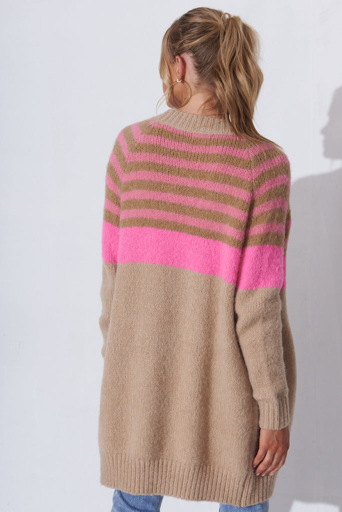 Belsize Knit Cardigan In Cream Stripe Wool Blend - back