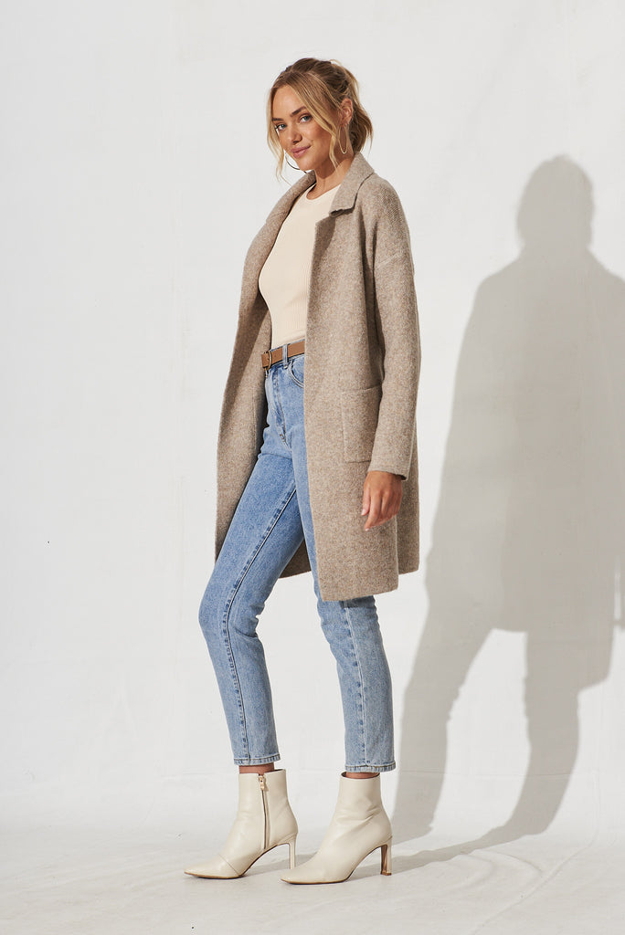 Quinzy Knit Coat In Taupe Marle Wool Blend - side