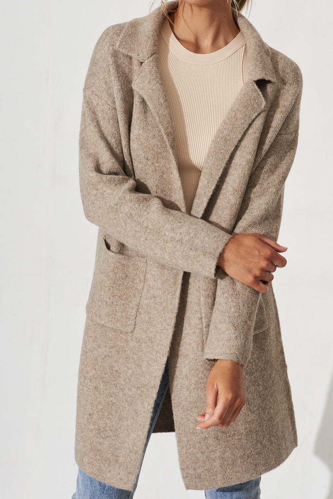 Quinzy Knit Coat In Taupe Marle Wool Blend - detail