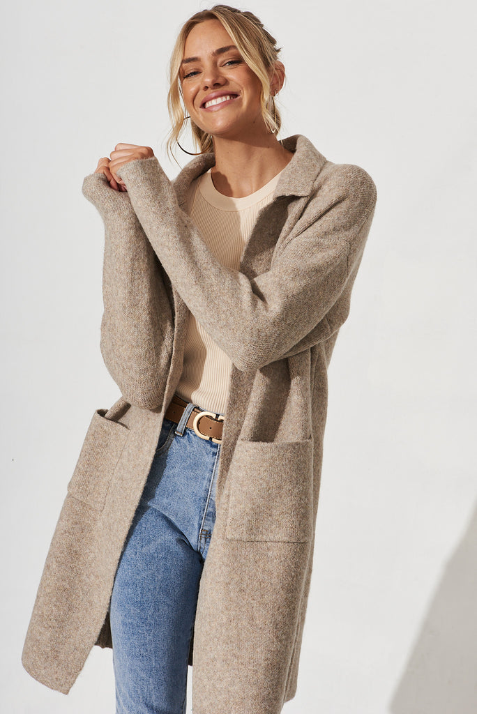 Quinzy Knit Coat In Taupe Marle Wool Blend - front