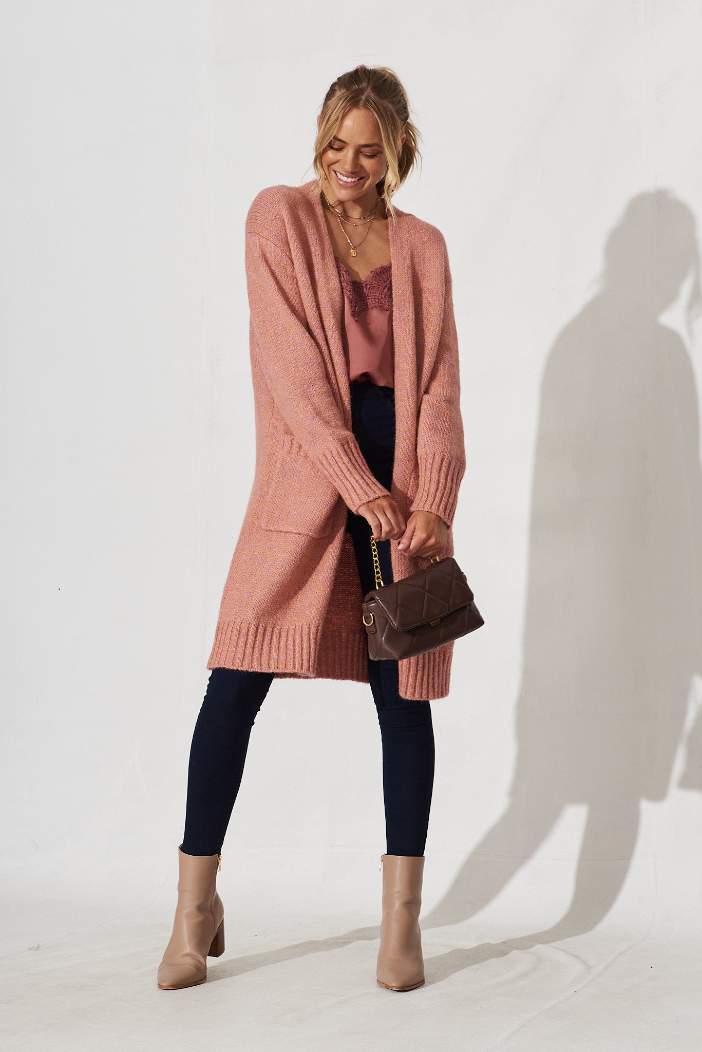 Colindale Knit Cardigan In Dusty Rose Wool Blend - full length
