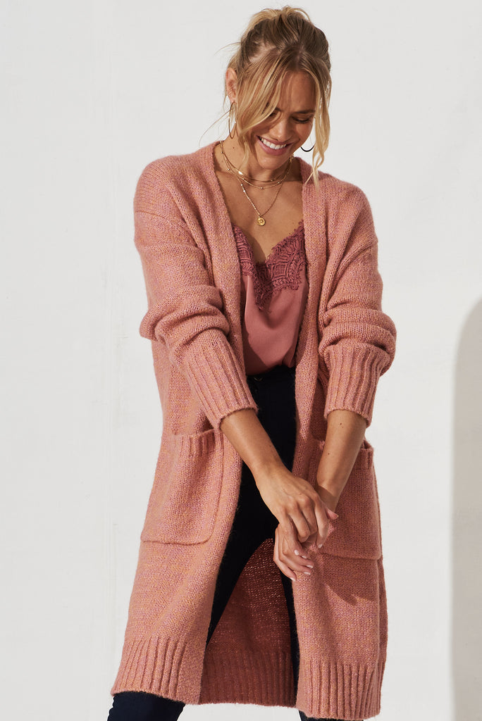Colindale Knit Cardigan In Dusty Rose Wool Blend - front