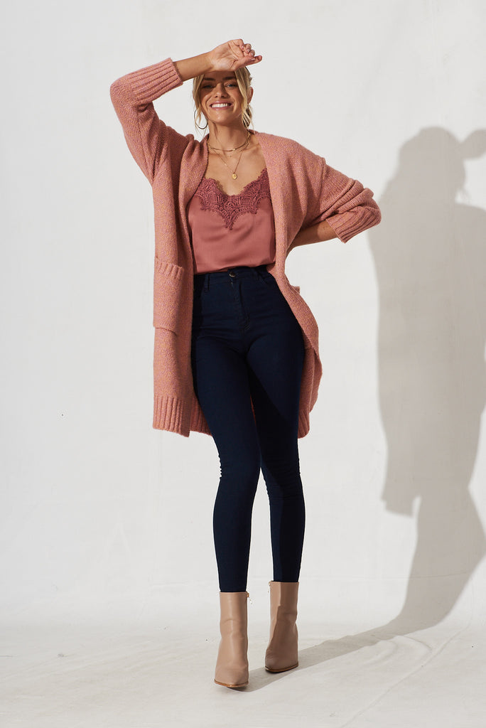 Colindale Knit Cardigan In Dusty Rose Wool Blend - full length