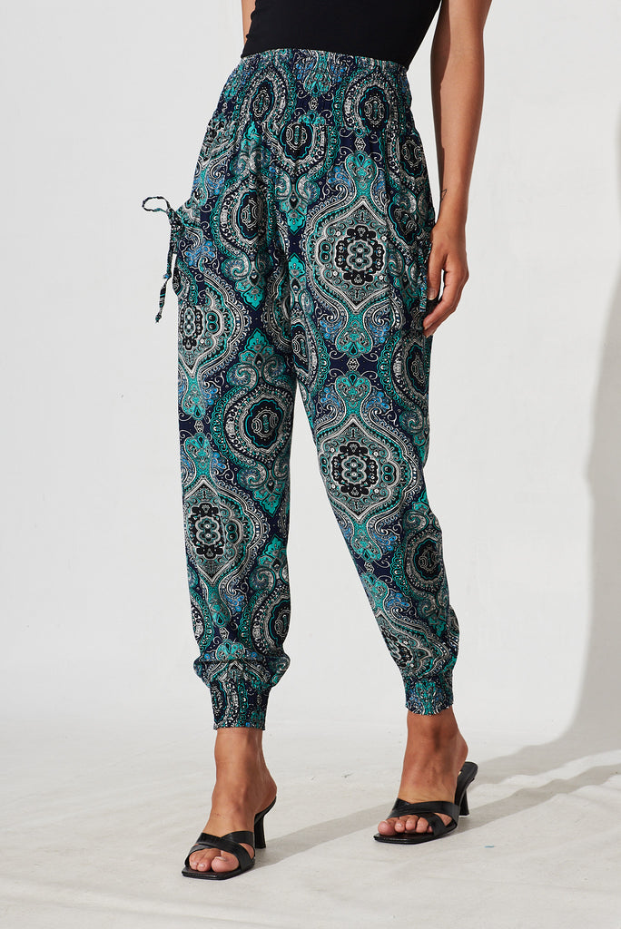 Gabby Lounge Pants In Teal Paisley Print - front