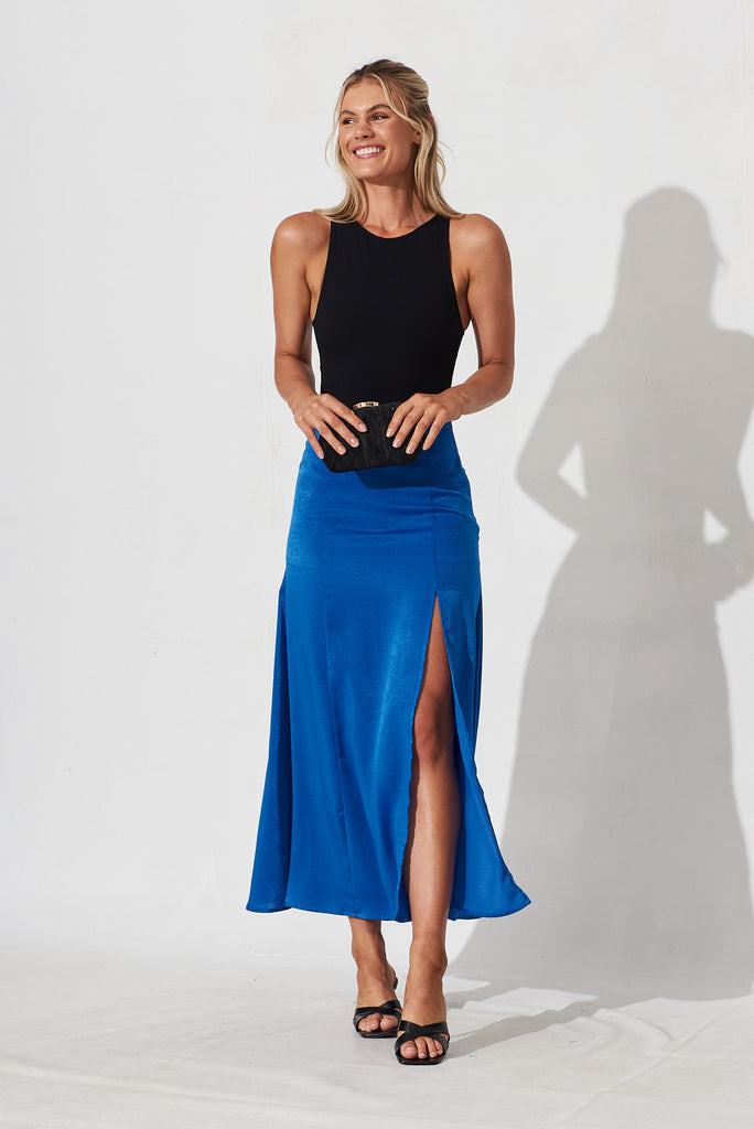 Marfa Maxi Skirt In Cobalt Blue Satin - full length