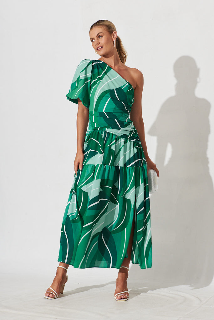 Berlyn Off Shoulder Maxi Dress Green Multi Print - full length