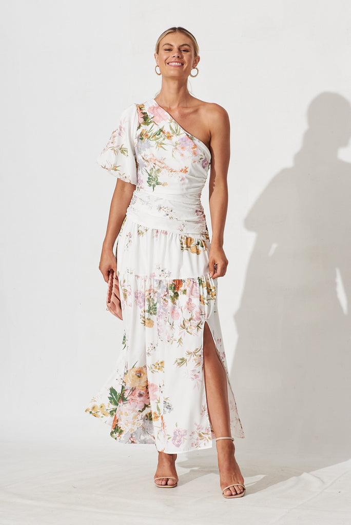 Berlyn Off Shoulder Maxi Dress White With Pink Floral - full length