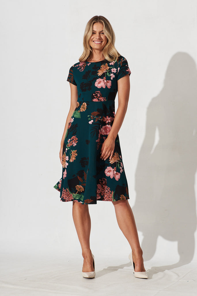 Tullamore Midi Dress In Green With Pink And Black Floral - full length