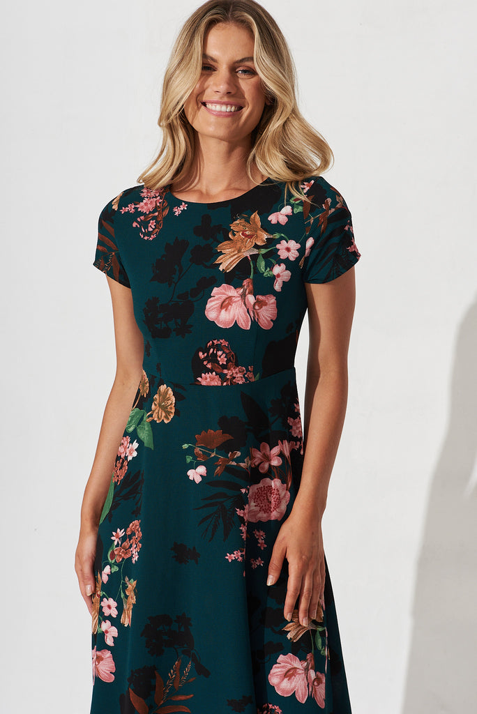 Tullamore Midi Dress In Green With Pink And Black Floral - front