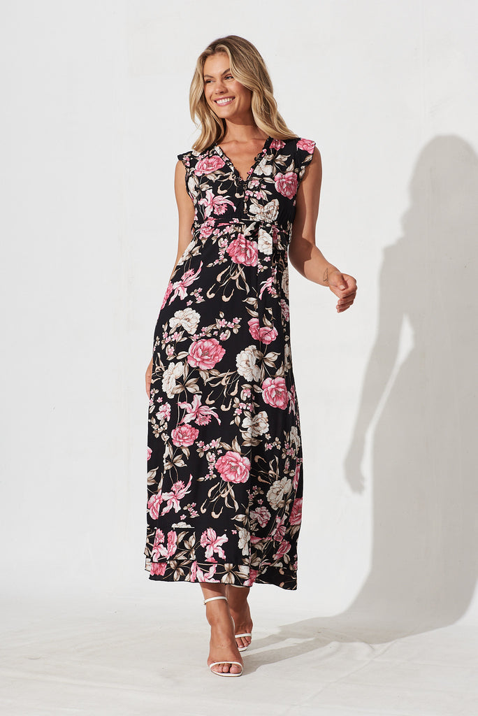 Wolverhampton Maxi Dress In Black With Pink Floral - full length