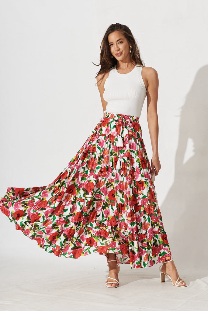 Covent Maxi Skirt In White With Red Floral - full length