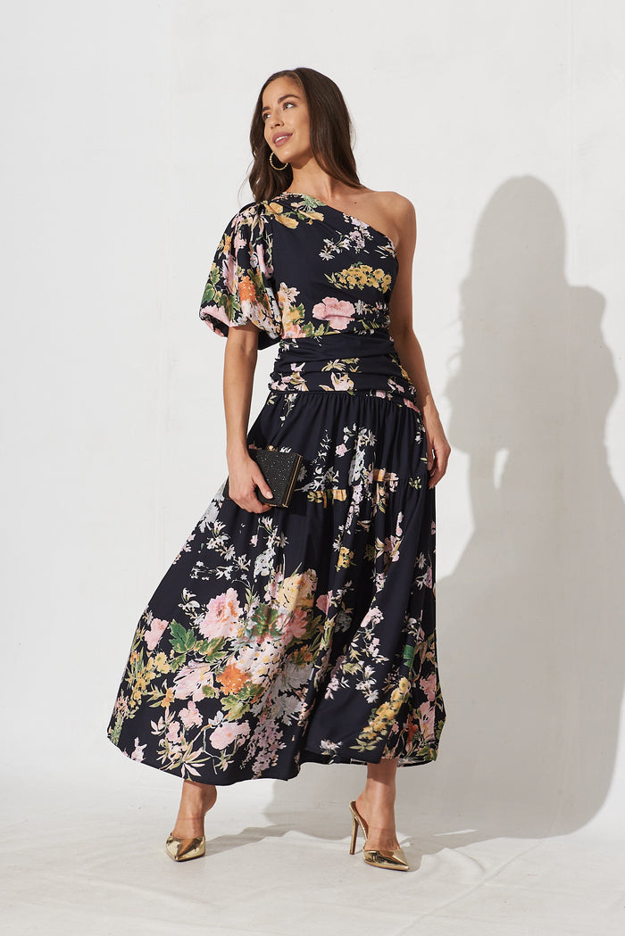 Berlyn One Shoulder Maxi Dress in Black With Pink Floral St Frock Berlyn One Shoulder Maxi Dress in Black With Pink Floral St Frock