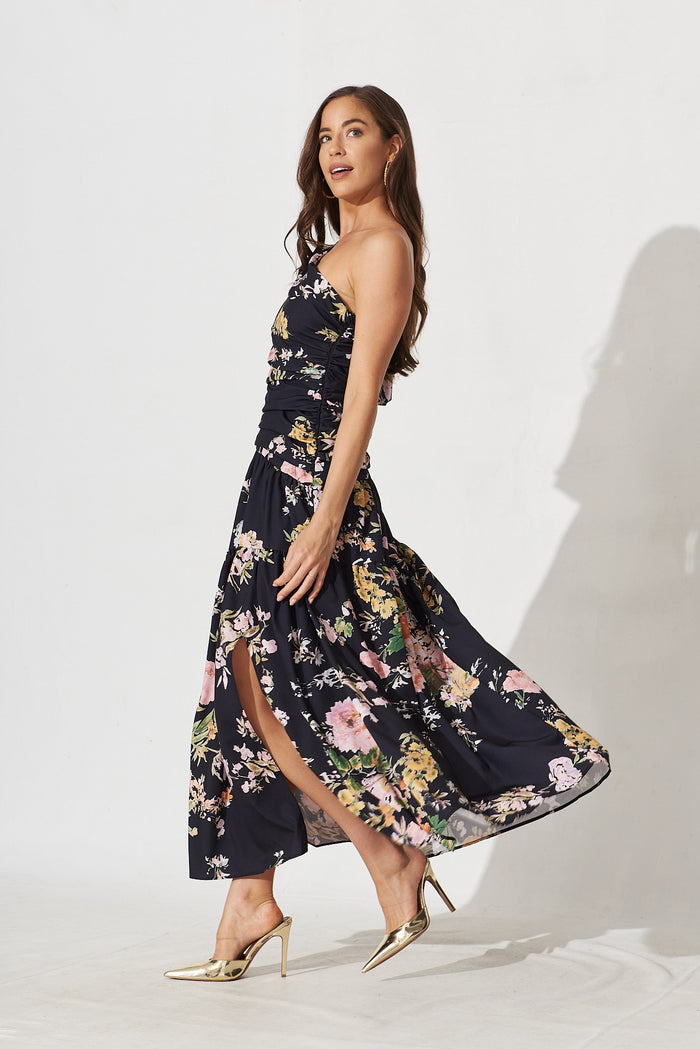 Berlyn Off Shoulder Maxi Dress Black With Pink Floral - left side
