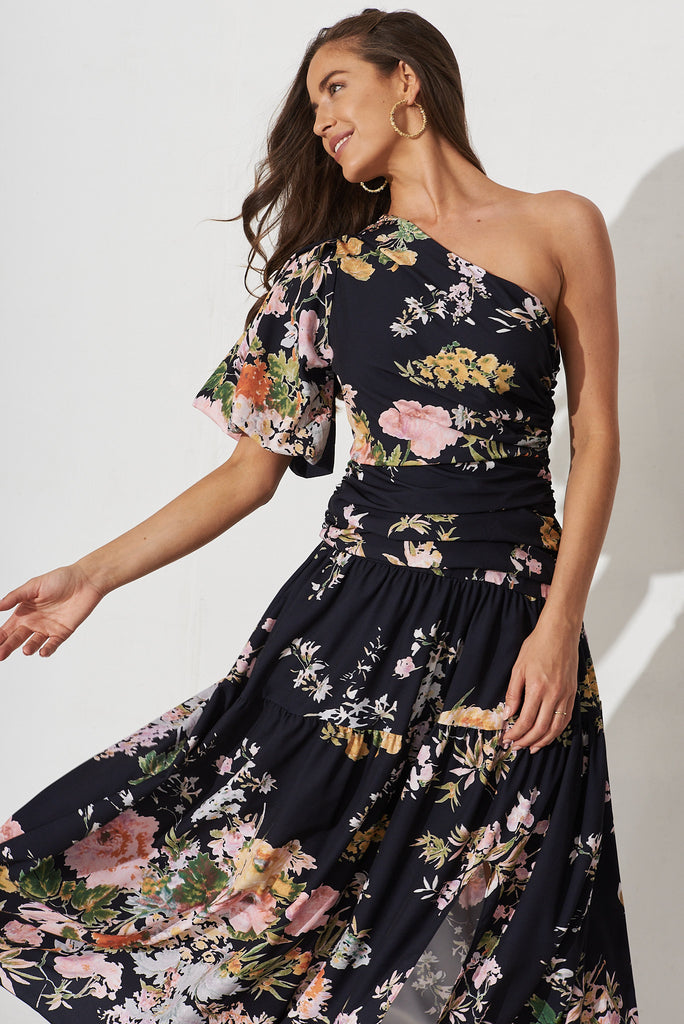 Berlyn Off Shoulder Maxi Dress Black With Pink Floral - front