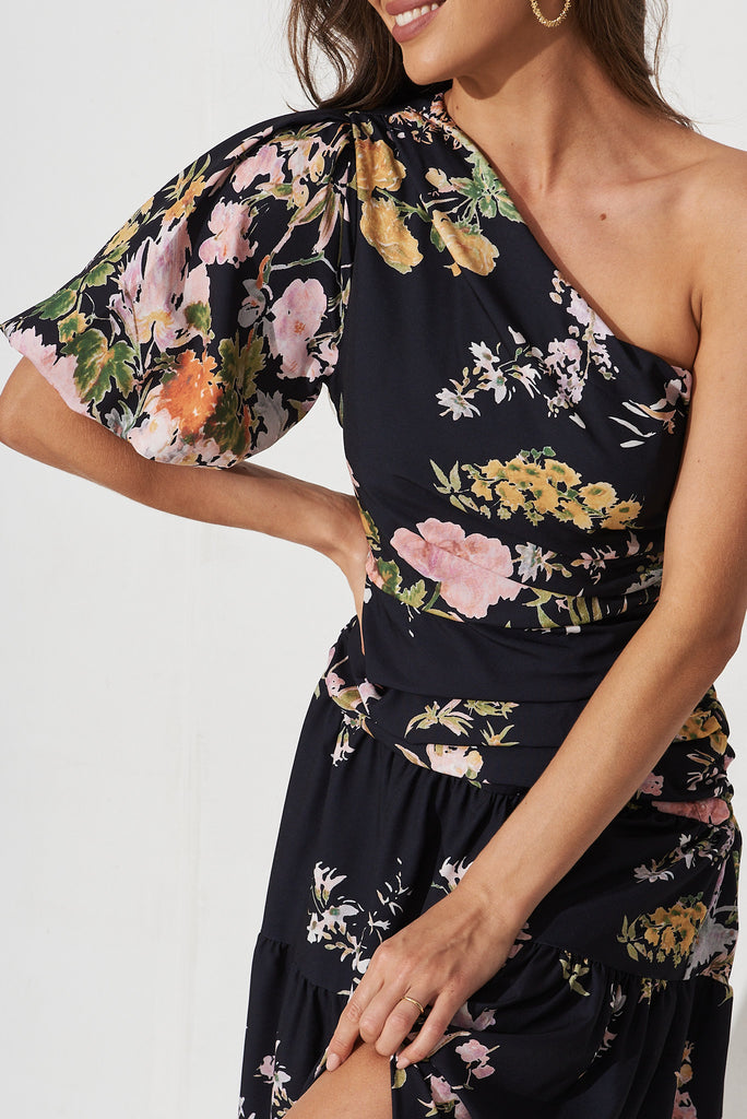 Berlyn Off Shoulder Maxi Dress Black With Pink Floral - detail