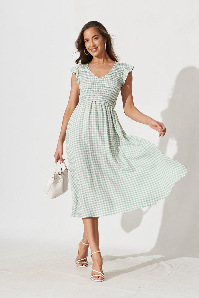 Jeannie Midi Dress In Green With White Gingham - full length