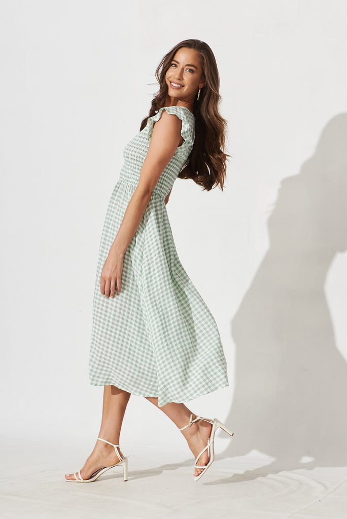 Jeannie Midi Dress In Green With White Gingham - side