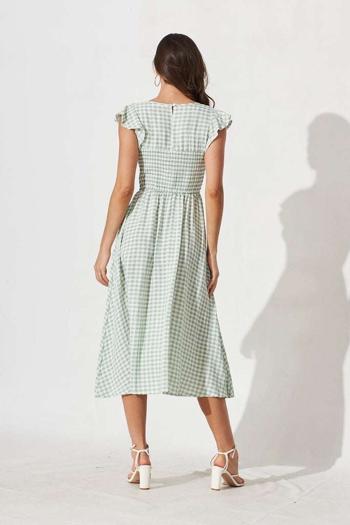 Jeannie Midi Dress In Green With White Gingham - back