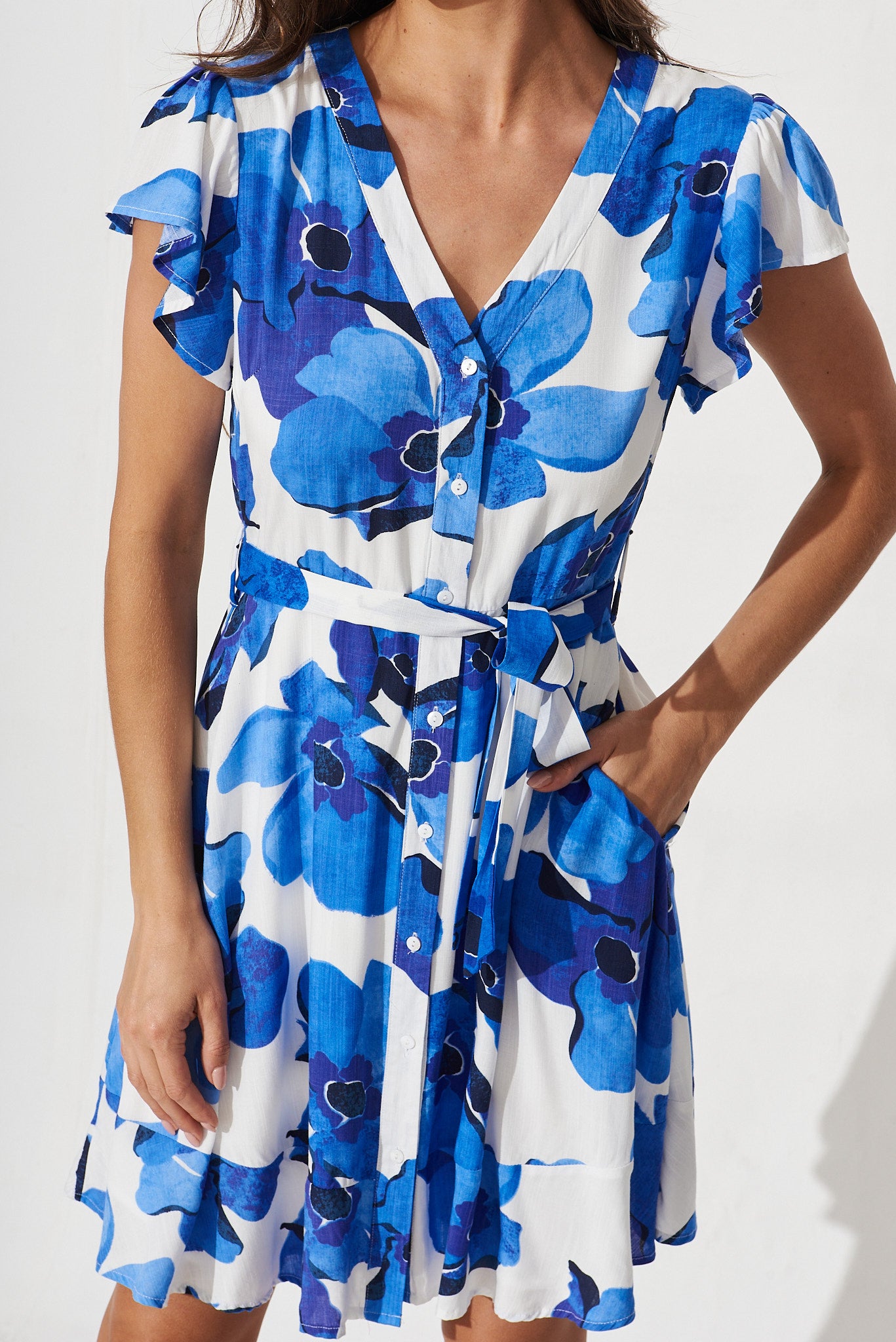 Cannes Dress In White With Blue Floral St Frock