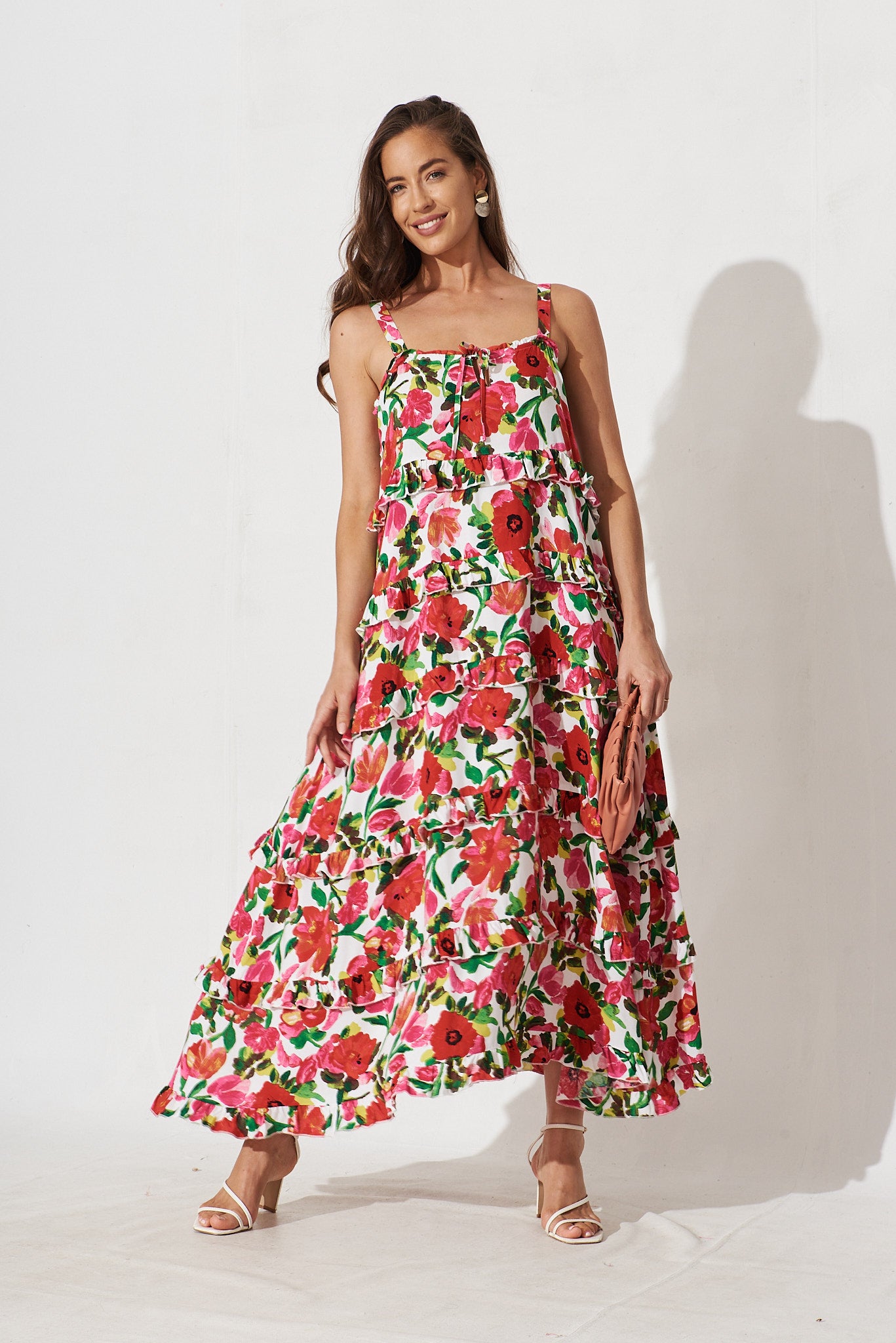 Aiyana Maxi Dress In White With Red Floral - full length