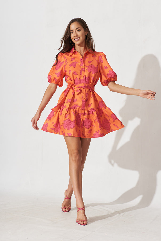 Fione Shirt Dress In Tangerine With Pink Floral - full length