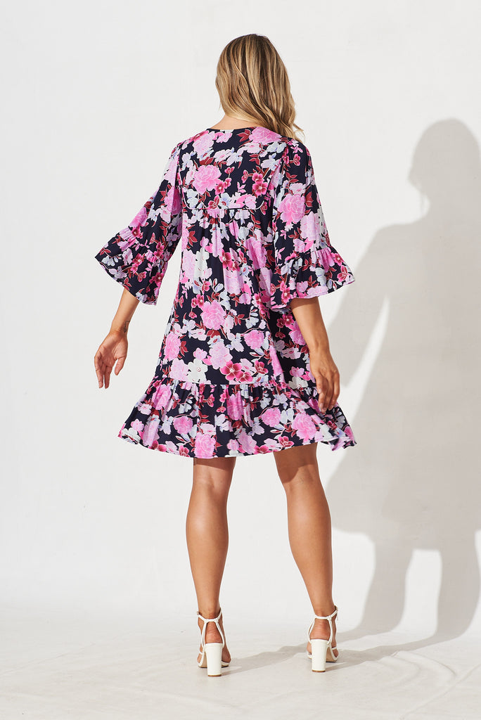 Caressa Dress In Navy With Pink Floral - back