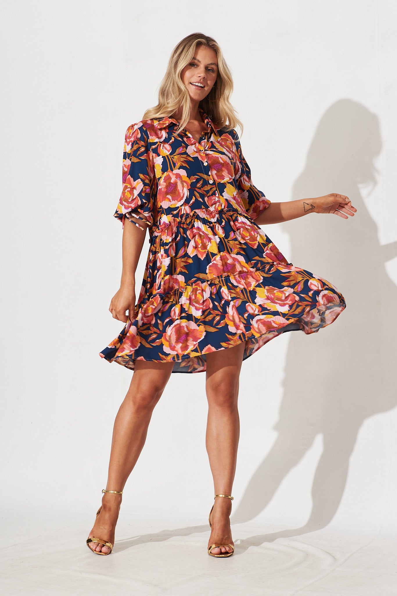 Bega Dress In Navy With Red Floral - full length