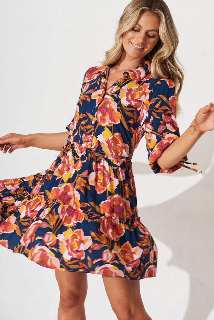 Bega Dress In Navy With Red Floral - front