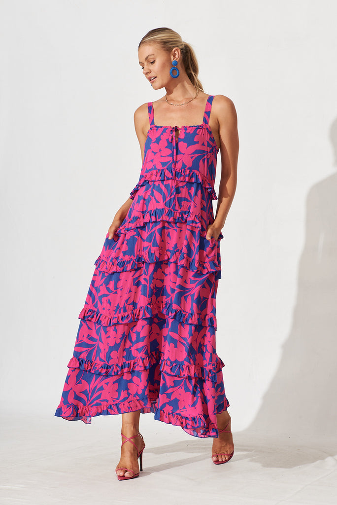 Aiyana Maxi Dress In Blue With Hot Pink Floral - full length