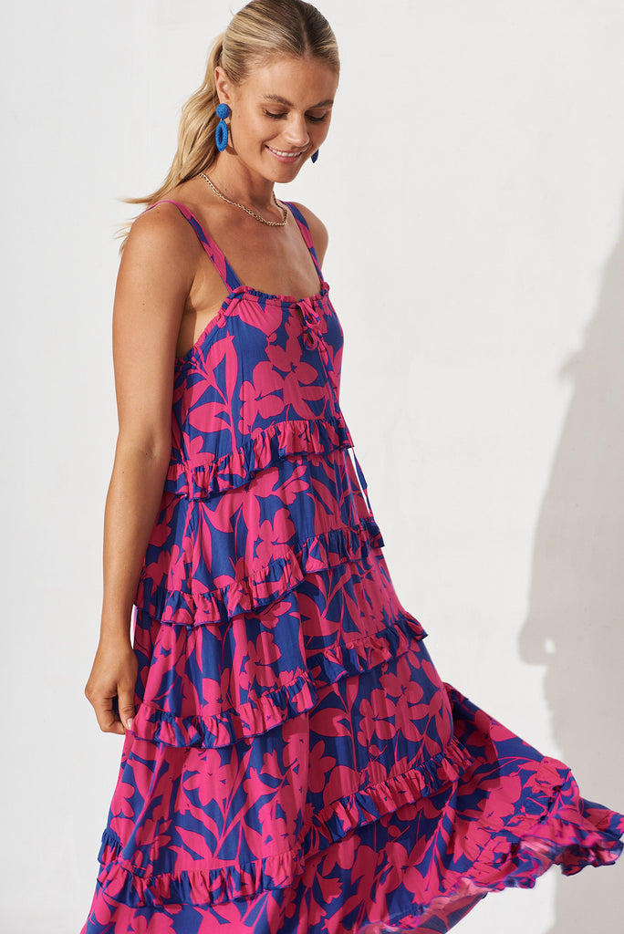 Aiyana Maxi Dress In Blue With Hot Pink Floral - front