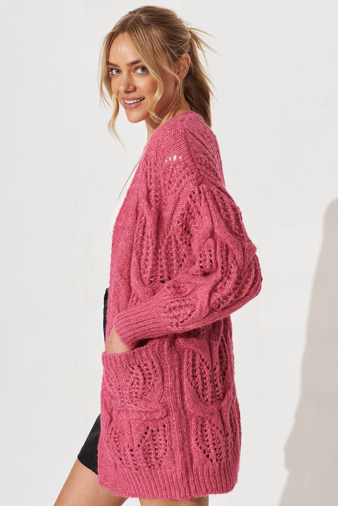 Turvey Knit Cardigan In Pink Marle Wool Blend - side