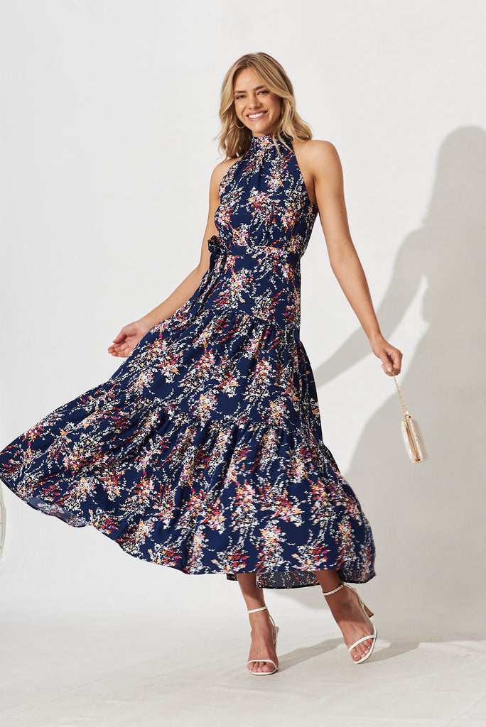 Khalo Maxi Dress In Navy With Red And White Floral - full length