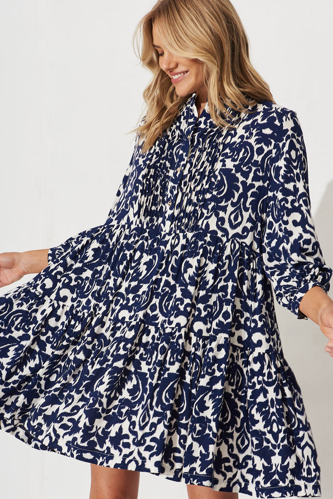 Caracelle Smock Dress In White With Navy Print - front
