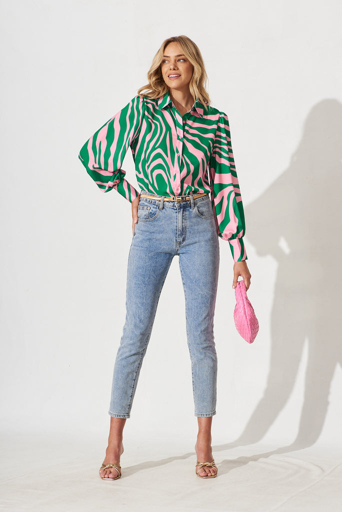Callia Shirt In Green With Pink Print - full length