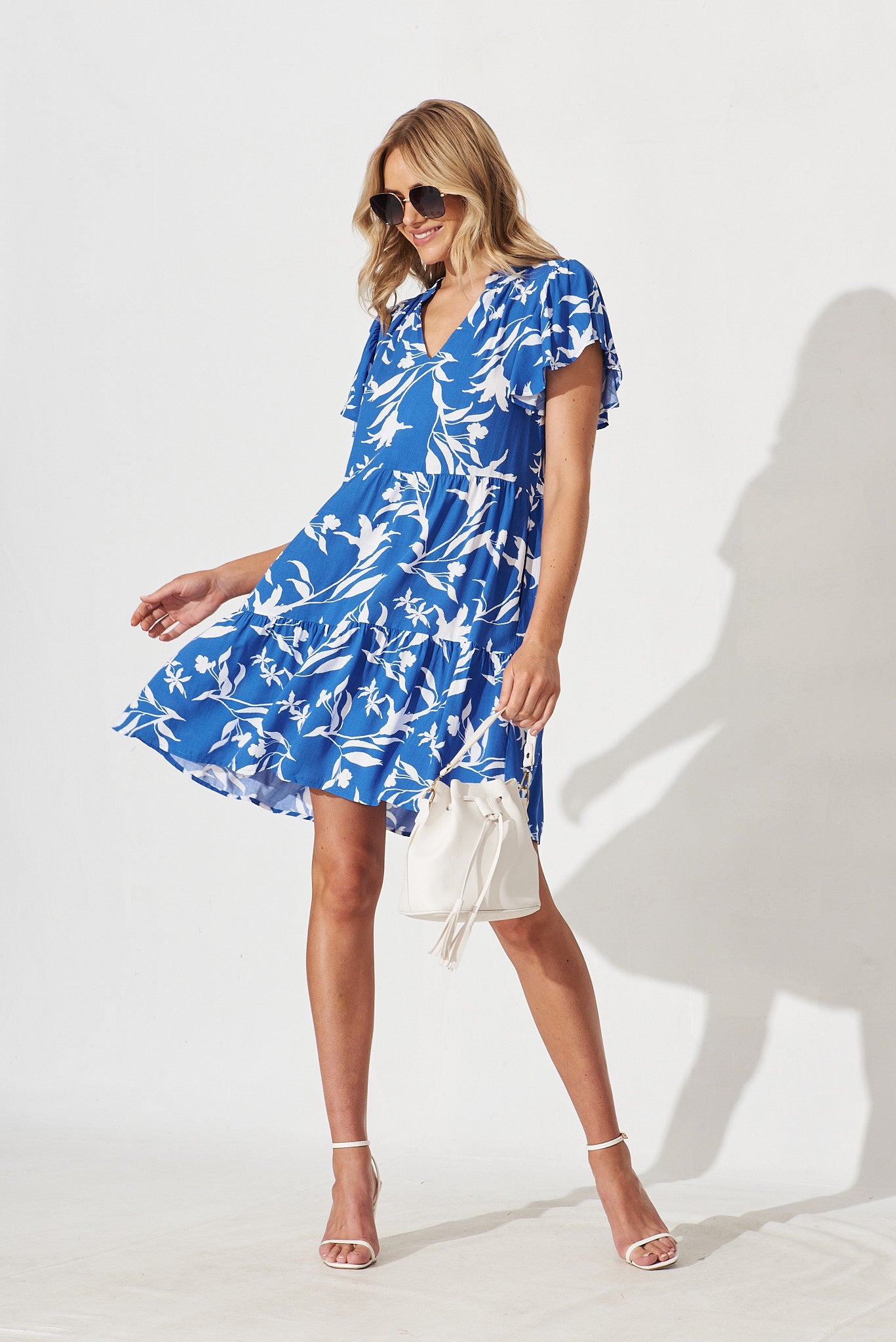 Tiarne Dress In Blue With White Floral - full length