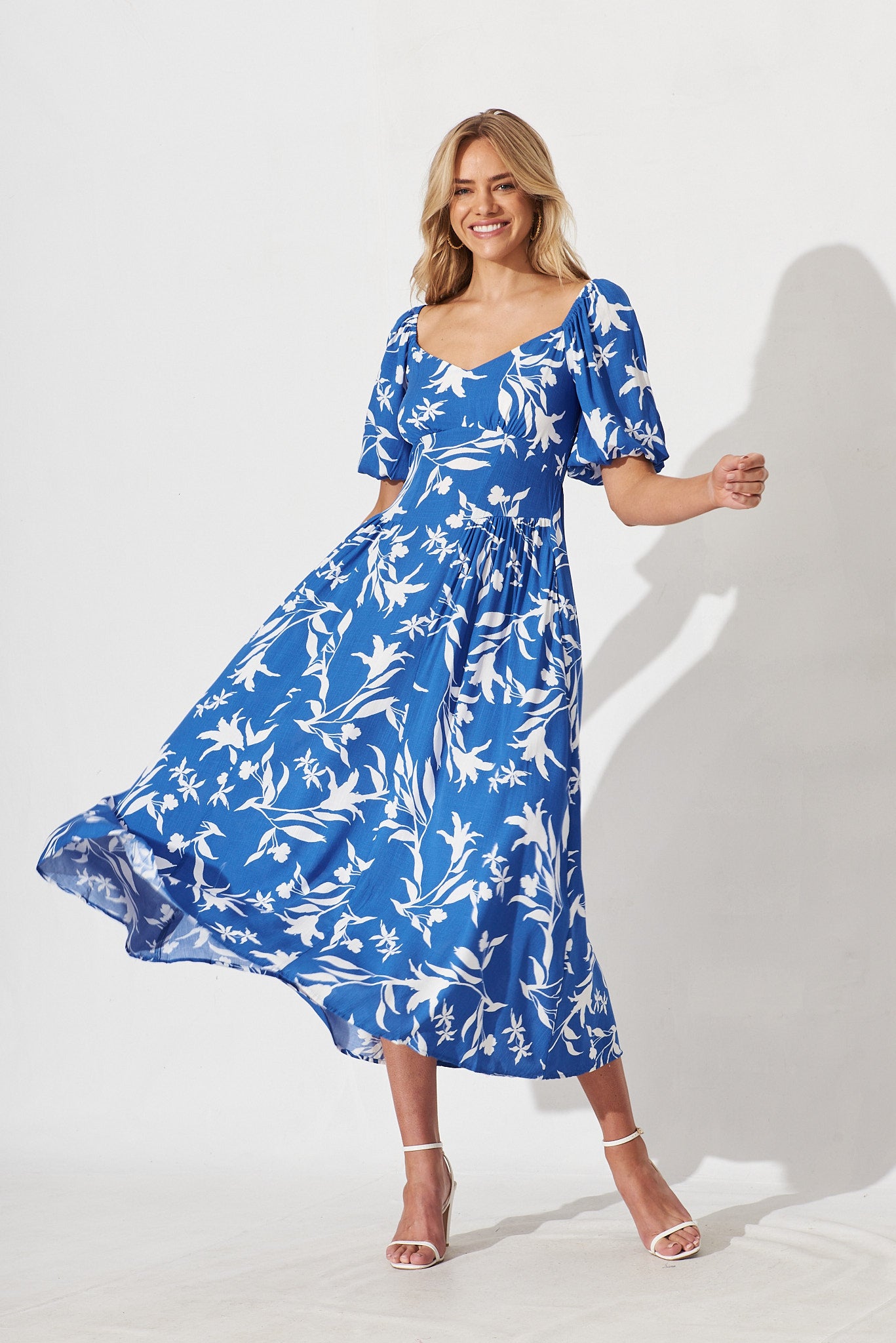 Bern Maxi Dress In Blue With White Floral - full length
