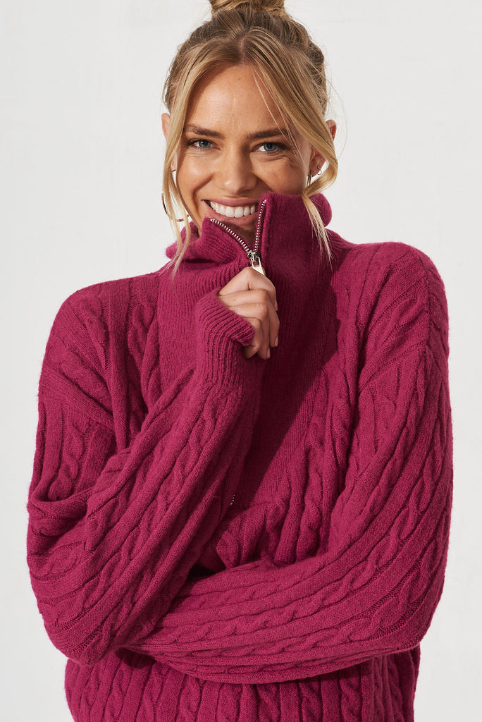 Tanna Zip Knit In Magenta Wool Blend - detail