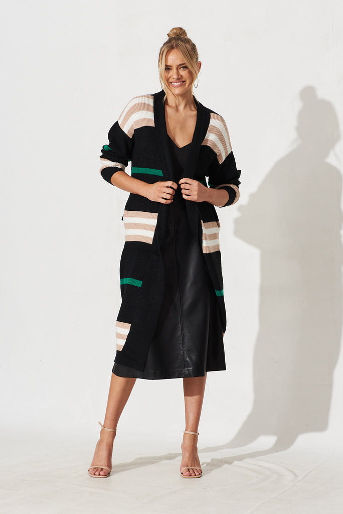 Aruba Knit Cardigan In Black With Multi Stripe Wool Blend - full length