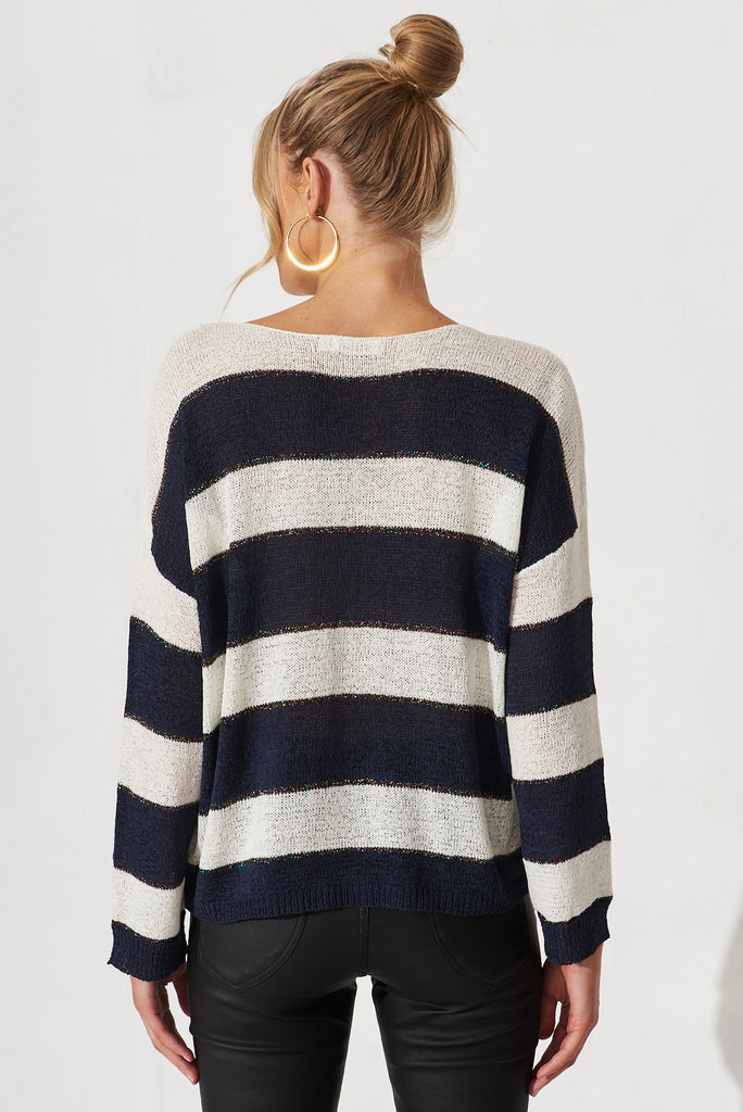 Brescia Knit In Navy And Ivory Stripe With Lurex Detail Cotton Blend - back