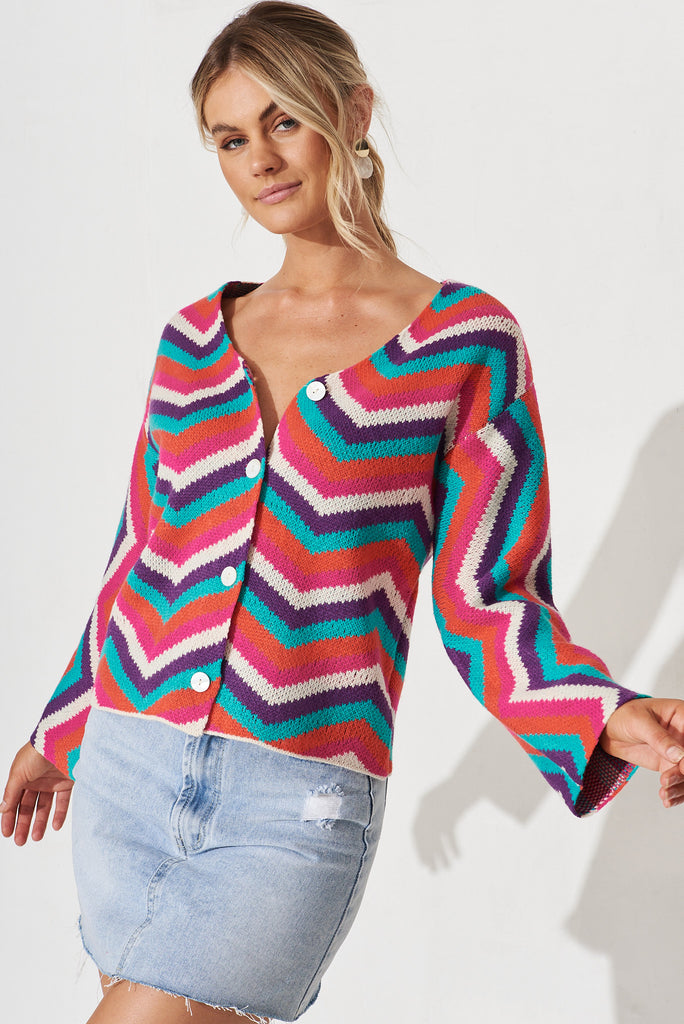 Syracuse Knit Cardigan In Dark Multi Geometric Cotton Blend - front
