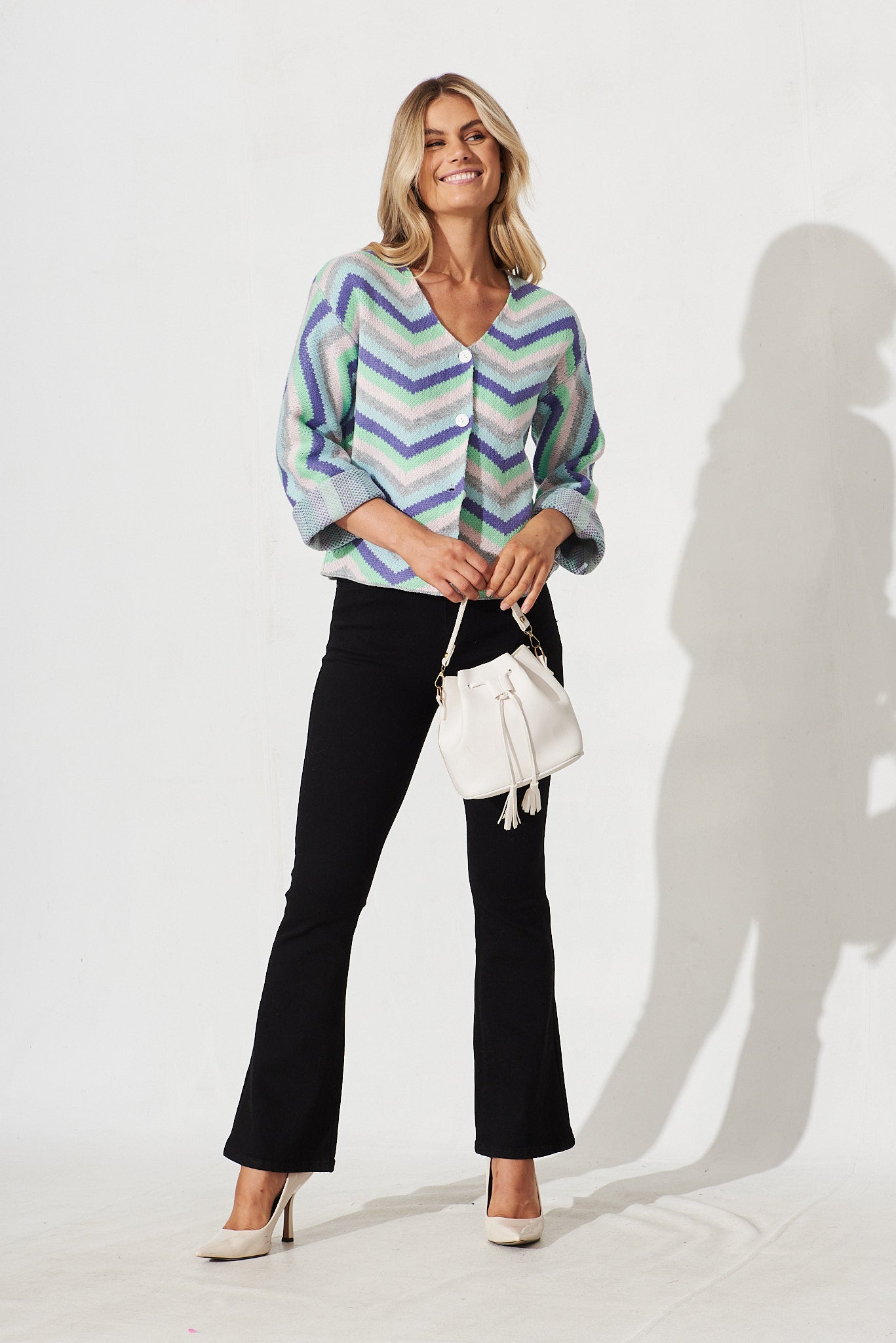 Syracuse Knit Cardigan In Pastel Multi Geometric Cotton Blend - full length