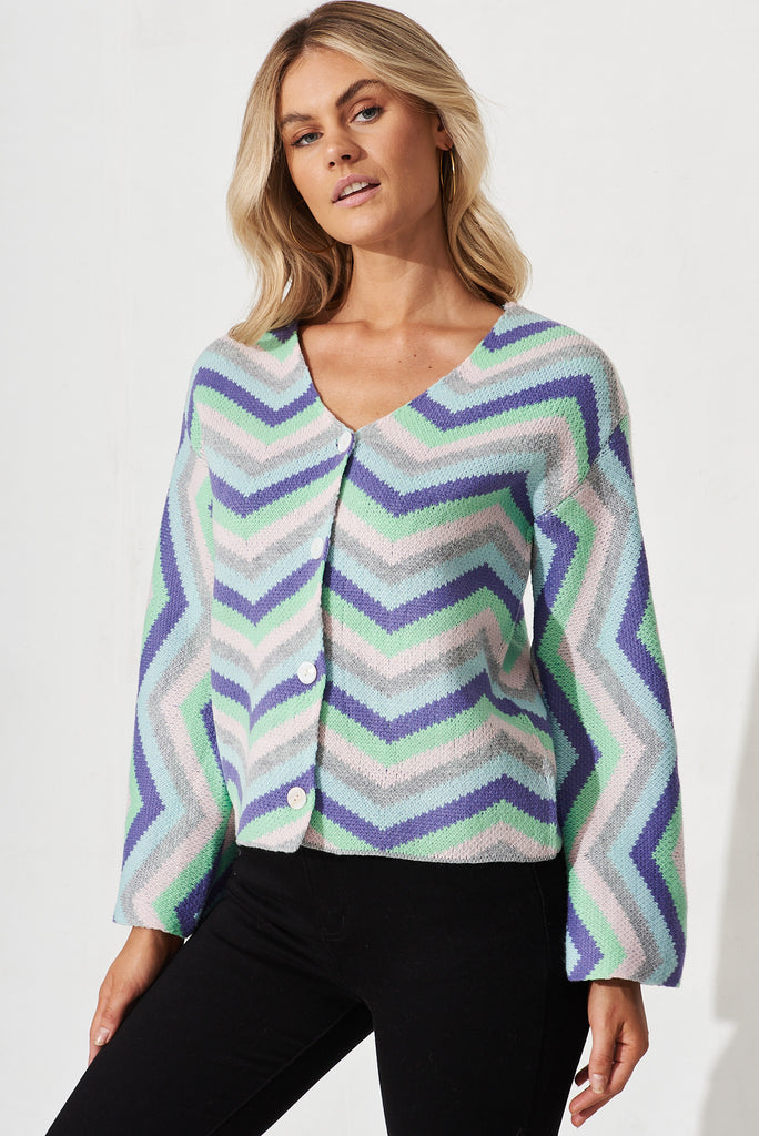 Syracuse Knit Cardigan In Pastel Multi Geometric Cotton Blend - front